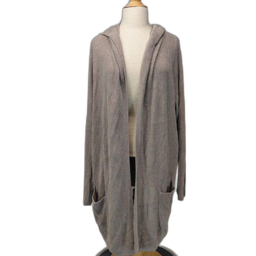 Barefoot Dreams CozyChic Ultra Lite taupe hooded open front cardigan SZ 3XL